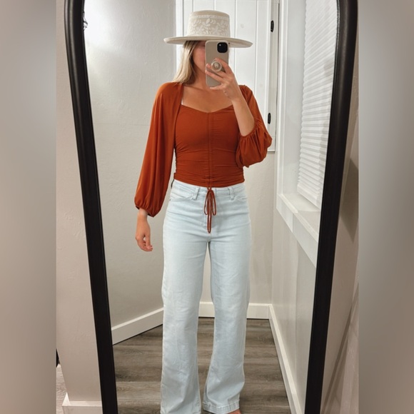 Lulu’s Completed Charmed Ruched Top Crop Top Small Rust Orange - Picture 4 of 15